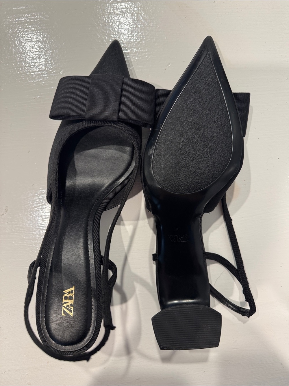 ZARA Black Bow Slingback Heels Pointed Toe - Size 8 EU 39 - Picture 3 of 8
